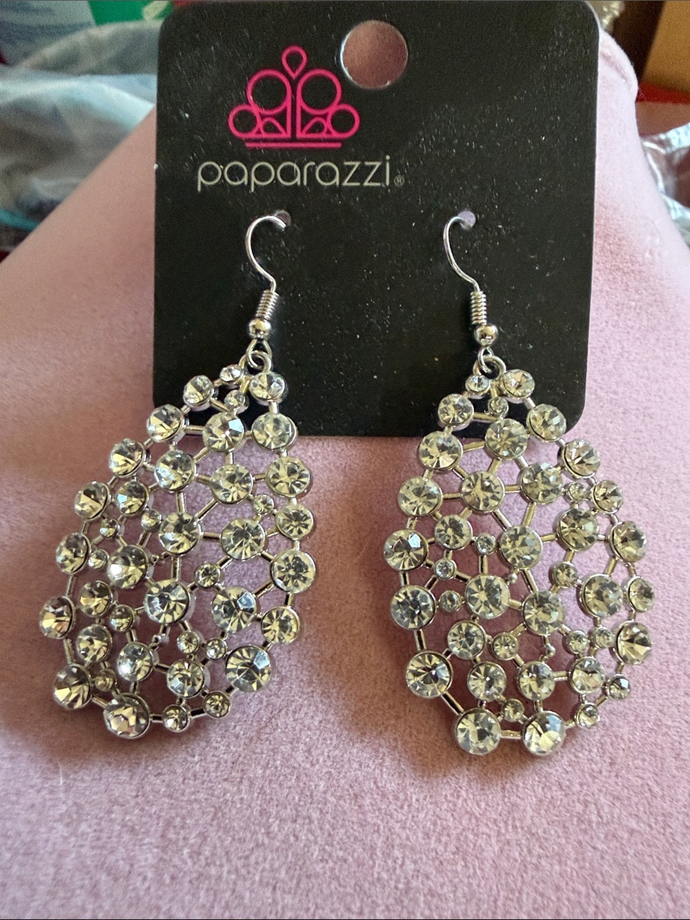 Paparazzi Silver tone, Crystal Teardrop Dangle Earrings, 2” Drop, (J0295)